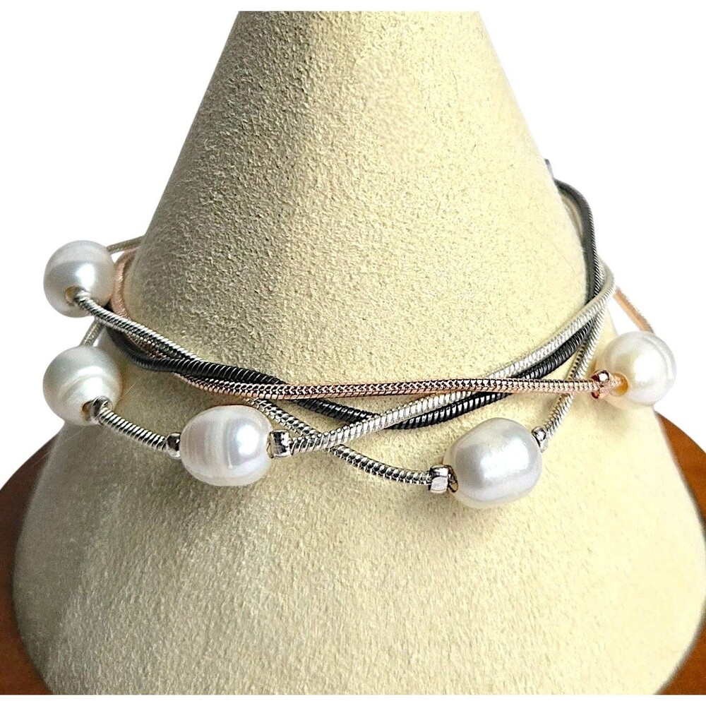 Floating Freshwater Pearl Multi Strand Bracelet Mixed Metals Magnetic Clasp 6.5